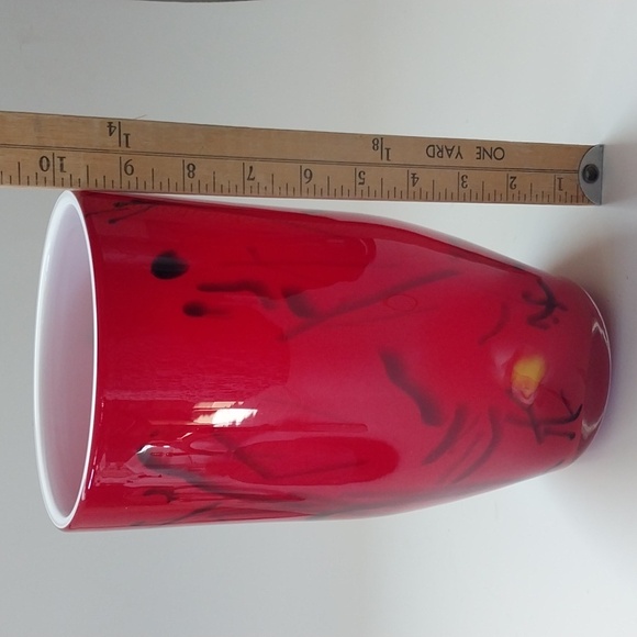 Eastern Art Glass Blown Red & White Cased Vase with Black/Yellow Abstract Design - Picture 8 of 8